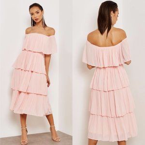 Just Me - Bardot Layered Ruffle Midi Dress - Pink